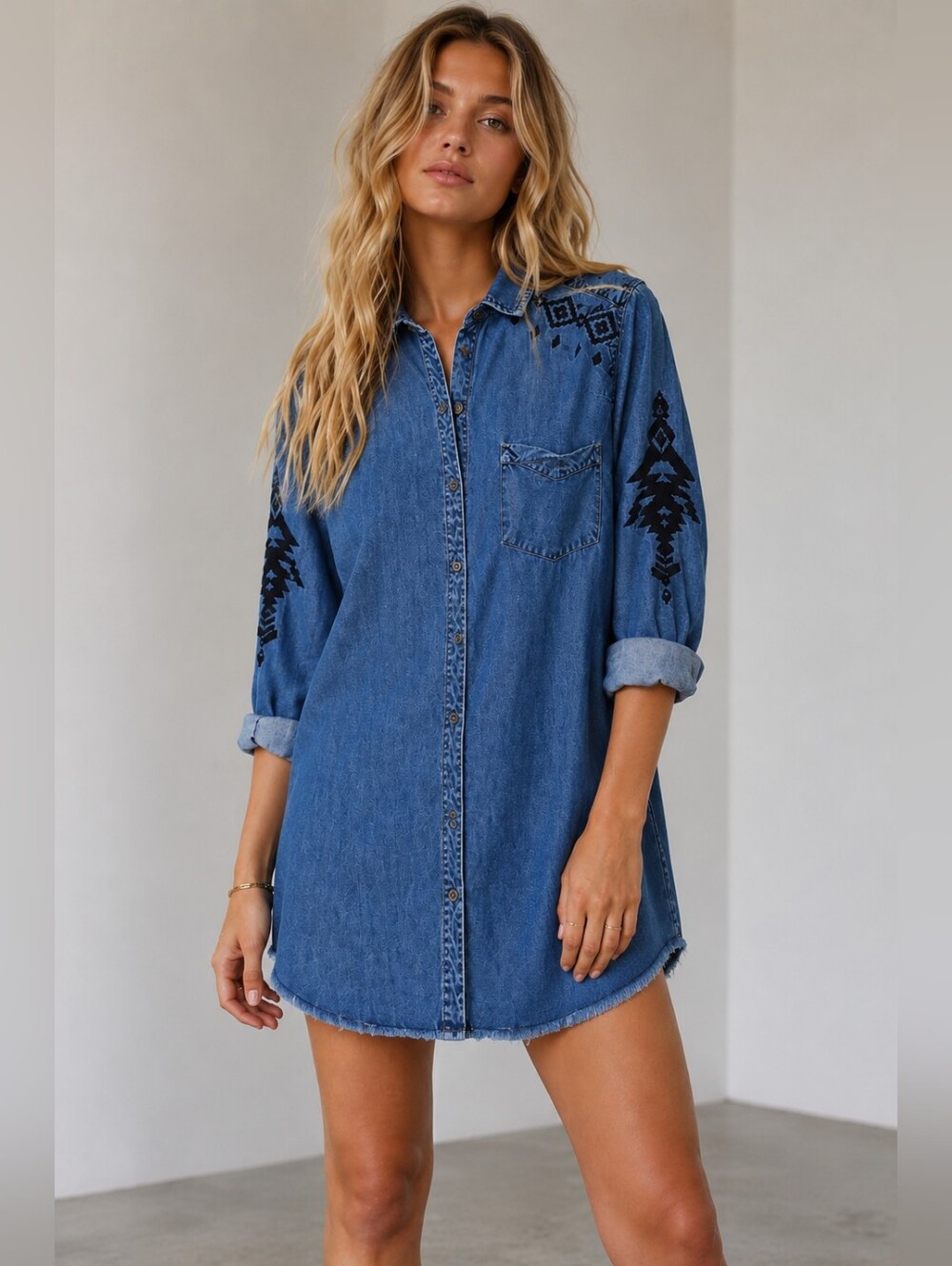 Rails Ashland Denim Aztec Embroidered Shirt Dress - XS